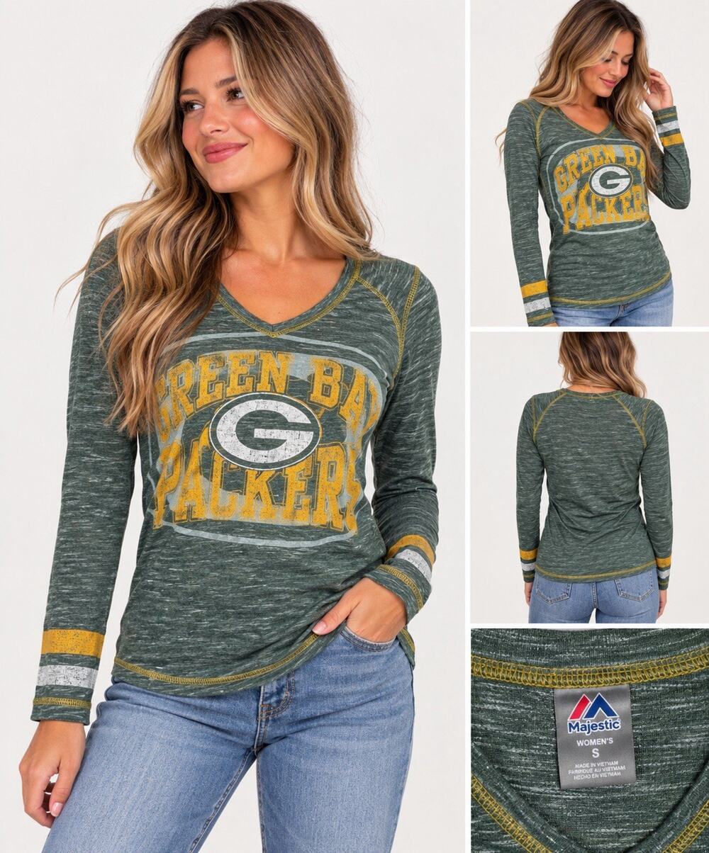 Majestic Green Bay Packers Women’s Small Green Long Sleeve V-Neck NFL Shirt